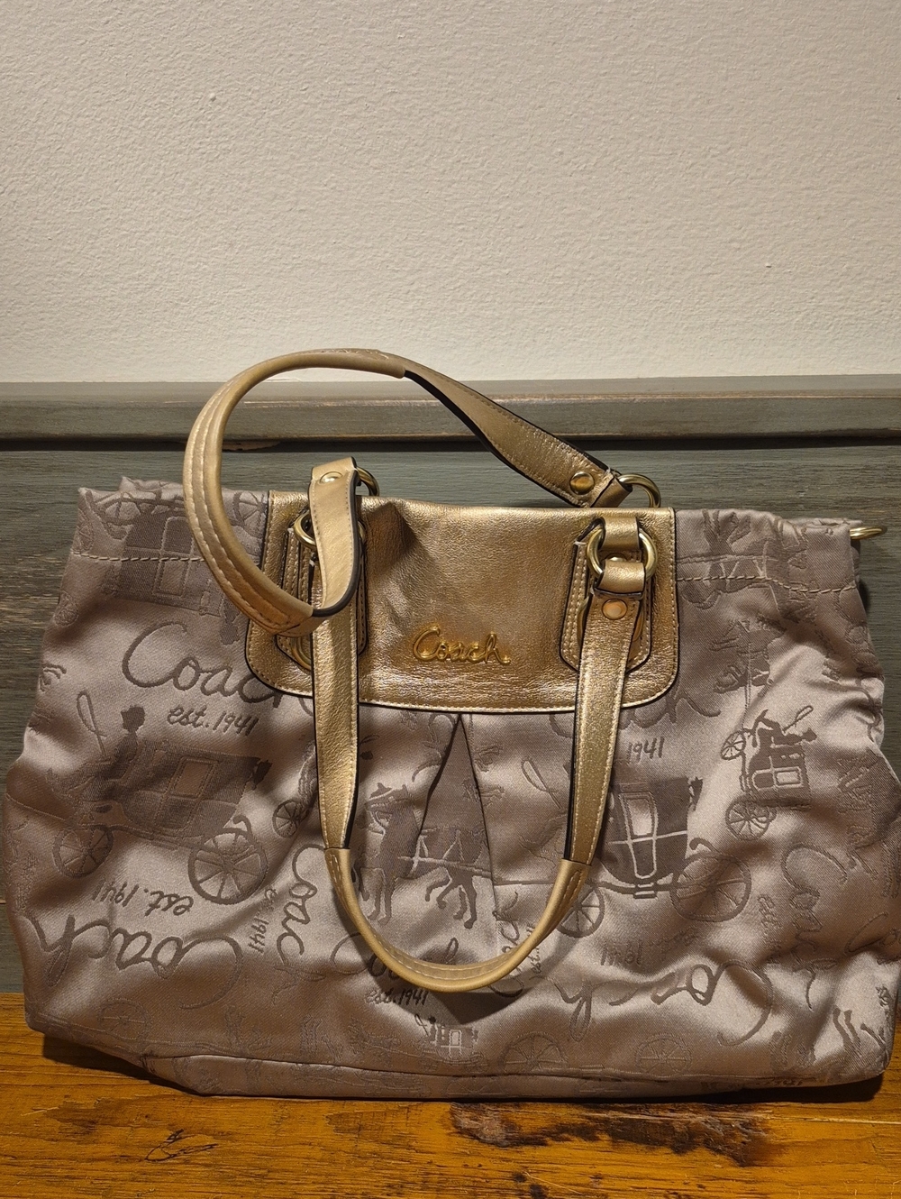 Coach Metallic Gold Leather Trim Taupe Logo Tote